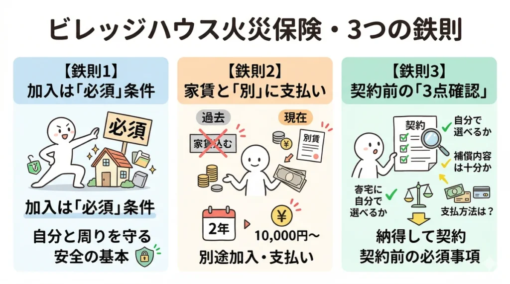 記事全体のまとめとなる3つの鉄則。鉄則1:加入は「必須」条件、鉄則2:家賃と「別」に支払い(2年間10,000円〜)、鉄則3:契約前の「3点確認」を遵守して納得して契約することを強調している。