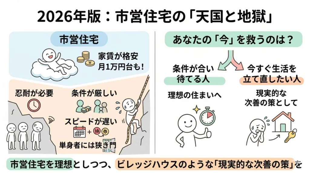 市営住宅のメリット（格安家賃）とデメリット（厳しい条件、遅い入居、単身者の壁）を「天国と地獄」として比較した図解。条件に合い待てる人は理想の住まいへ、今すぐ生活を立て直したい人はビレッジハウスを次善の策とする戦略を提示している。