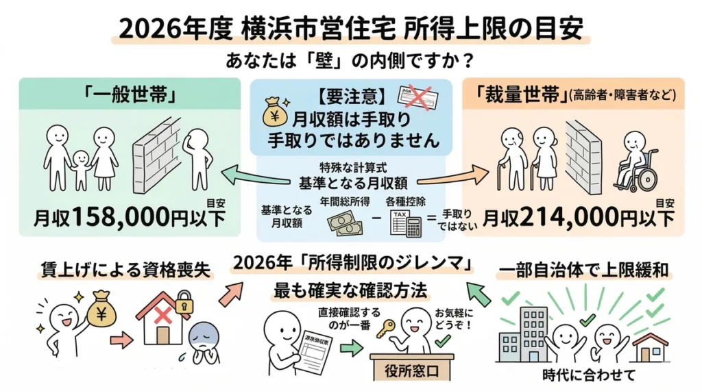 横浜市営住宅の2026年度所得基準の解説図。一般世帯（15.8万円以下）と裁量世帯（21.4万円以下）の上限を示し、基準額は「手取り」ではない複雑な計算式であることを強調。賃上げによる資格喪失のジレンマや役所窓口での確認を推奨している。