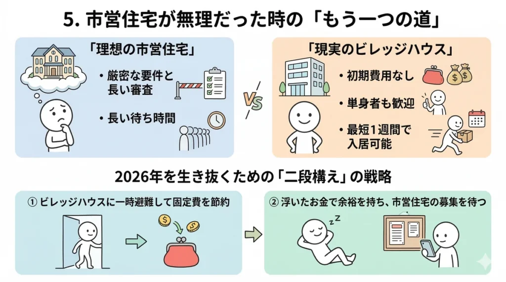理想の市営住宅と現実のビレッジハウスを比較した図解。2026年を生き抜くための「二段構え」の戦略として、まずは初期費用なし・最短1週間で入れるビレッジハウスに一時避難して固定費を節約し、余裕を持って市営住宅の募集を待つ方法を提案している。