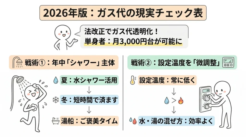 2026年のガス代節約術をまとめたチェック表。単身者なら月3,000円台が可能であること、戦術として「夏は水シャワー、冬は短時間」の徹底や、リモコンがない環境での温度調節（水の混ぜ方の効率化）などを具体的に提示している。