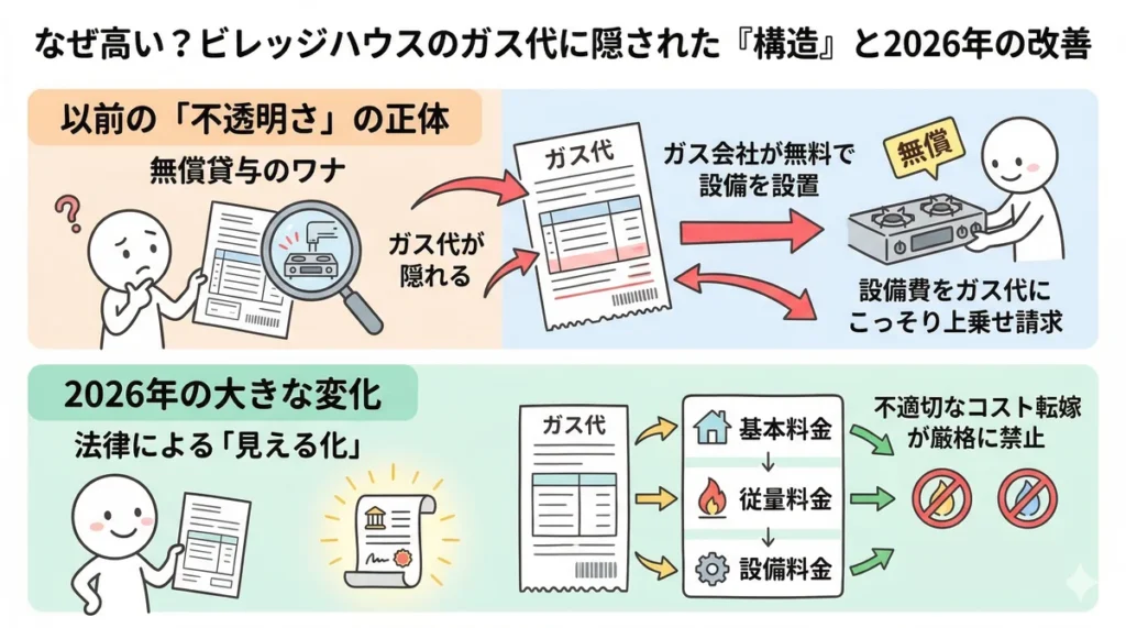 プロパンガス料金の構造変化を解説した図。以前はガス会社が無料で設置した設備費をガス代に上乗せする「無償貸与のワナ」があったが、2026年は法律により基本料金・従量料金・設備料金を分ける「見える化」が義務化され、不適切なコスト転嫁が禁止されたことを示している。