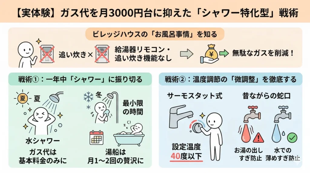 2026年度版：ガス代の現実チェック表というタイトルの図解。単身者なら月3,000円台も夢ではない！というサブタイトルとともに、給湯器を動かさない！という戦略の具体的な戦術リストが掲載されています。1.一年中シャワーを基本とする、2.夏は水シャワーでガス代ゼロ、3.設定温度を下げる、4.水の混ぜすぎに注意、5.追い炊きは封印、の5つのチェック項目があり、給湯がプロパンガス代の8割を占めるというデータも示されています。出典元：元住民の体験談・2026年プロパンガス法改正情報を元に作成。