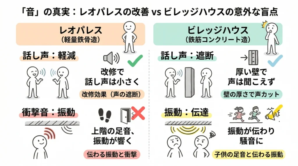 騒音問題の比較。軽量鉄骨造のレオパレスは改修で話し声は軽減されたが、上階の足音や振動が響きやすい。鉄筋コンクリート造（RC造）のビレッジハウスは厚い壁で話し声を遮断するが、構造を伝わる振動（子供の足音など）が騒音になりやすい特性をイラストで解説。