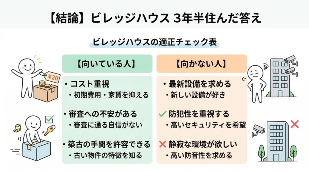 ビレッジハウスに向いている人と向かない人の比較表。「向いている人」はコスト重視、審査に不安がある、築古を許容できる人。「向かない人」は最新設備、高いセキュリティ、静寂な環境を求める人。