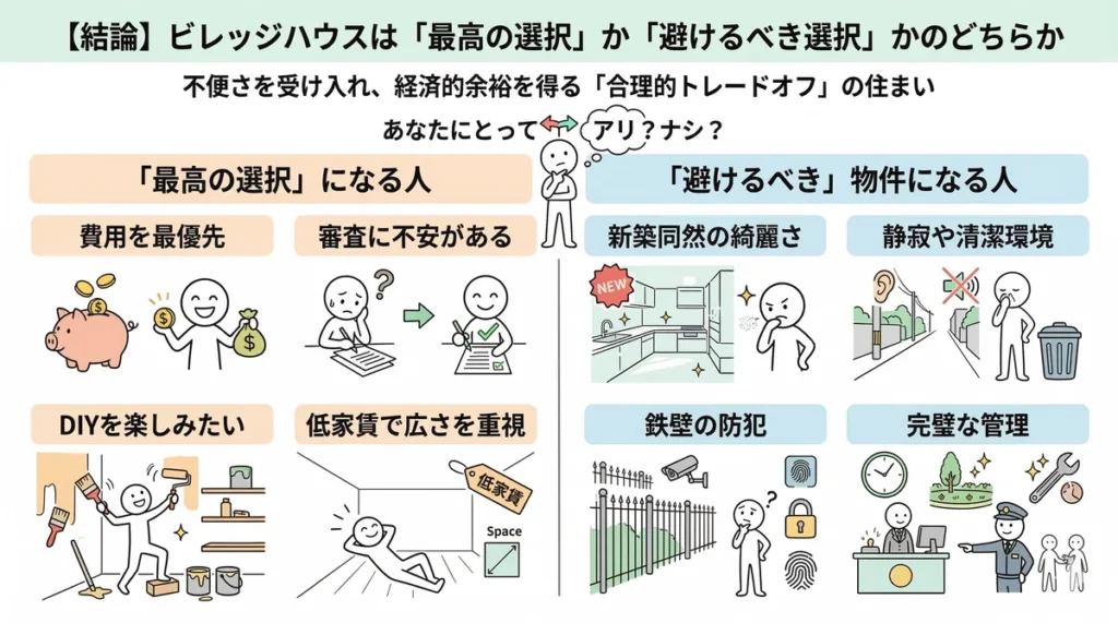 ビレッジハウスに向いている人と向いていない人の特徴をまとめた比較図。最高の選択になる人(費用最優先、審査に不安、工夫を楽しめる、広さ重視)と避けるべき人(新築志向、音虫敏感、セキュリティ重視、完璧な管理を求める)のチェックリスト。