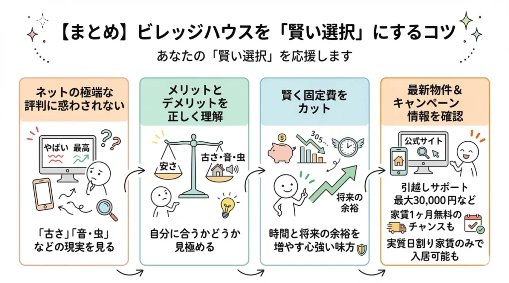 ビレッジハウスの情報を5つのテーマにまとめた完全ガイドマップ。安さの秘密(元雇用促進住宅)、リアルな住み心地(音・カビ・虫対策)、費用面(初期費用0円・退去費)、審査・申し込み(自社基準)、生活設備(ネット・階段)について解説し、詳細記事へ誘導する図解。