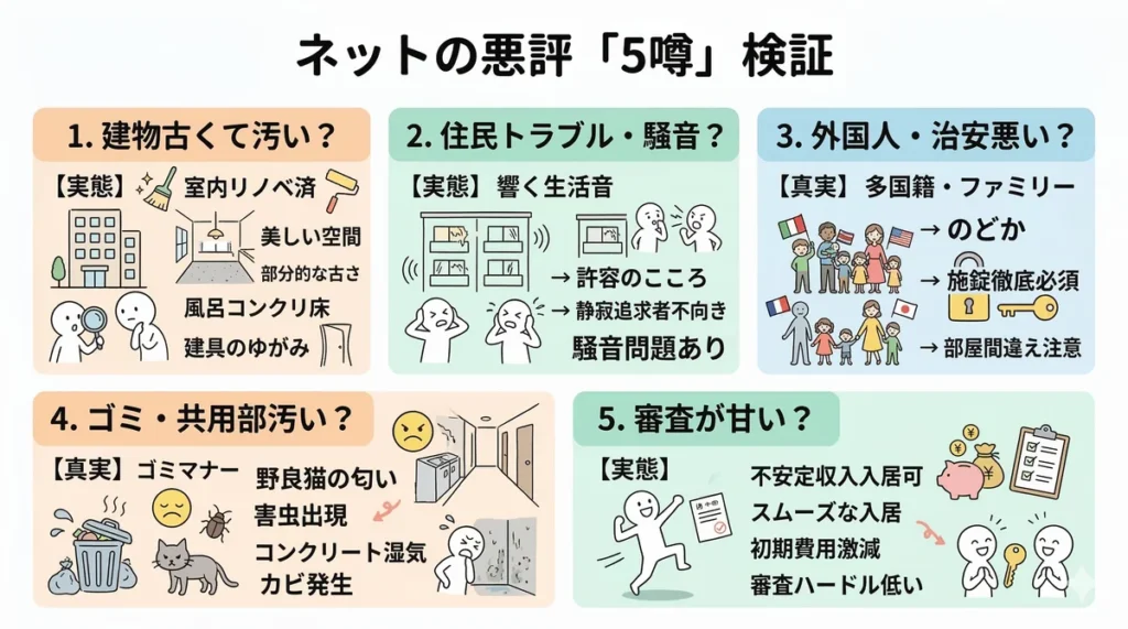 ネット上の5つの噂に対する実態解説。1.建物は古いが室内はリノベ済、2.生活音は響きやすい、3.外国人は多いがのどか、4.ゴミマナーや害虫・カビの懸念あり、5.審査は非常に通りやすい。
