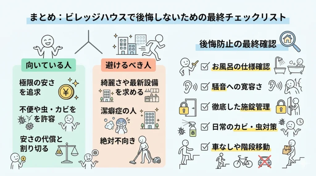 ビレッジハウスで後悔しないためのまとめ図。極限の安さを追求する人には向くが、潔癖症や最新設備を求める人には絶対不向き。お風呂、騒音、施錠、カビ・虫、階段移動の5項目を最終確認として挙げている。