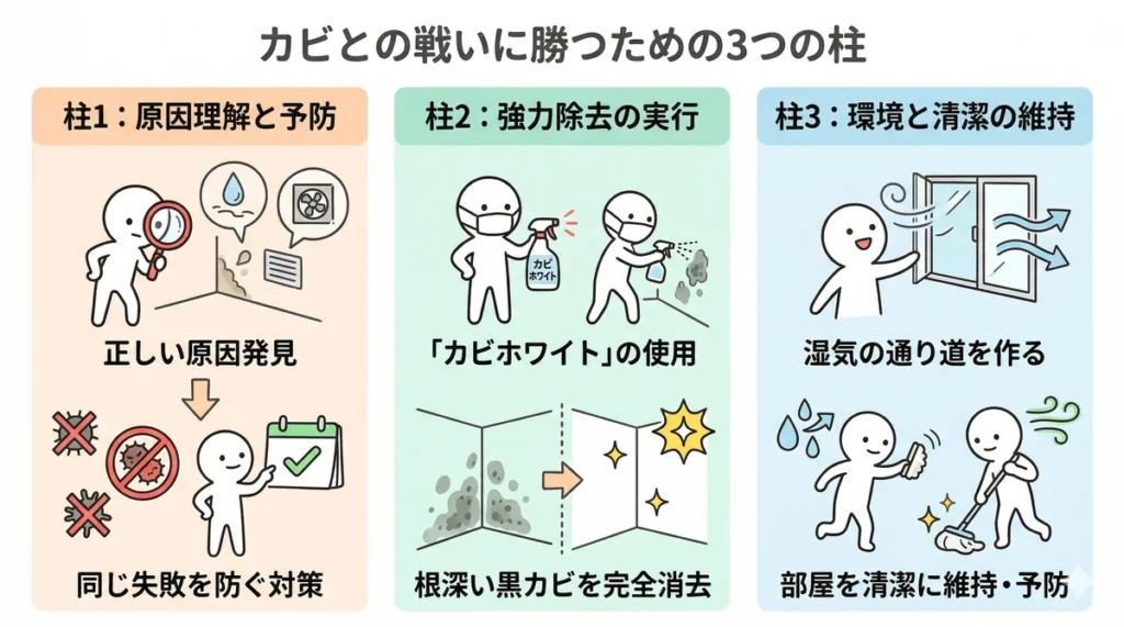 カビ対策の全体像を3つの柱で示した図。「柱1:原因理解と予防(正しい原因発見と同じ失敗を防ぐ対策)」「柱2:強力除去の実行(『カビホワイト』の使用と根深い黒カビの完全消去)」「柱3:環境と清潔の維持(湿気の通り道を作る、部屋を清潔に維持・予防)」をイラストで解説している。