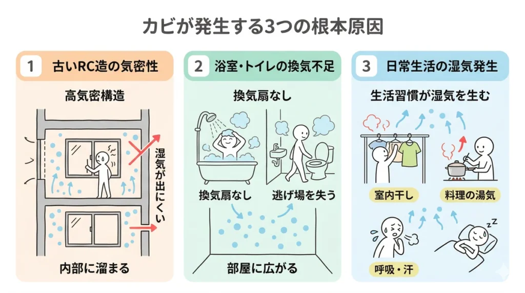 ビレッジハウスなどでカビが発生する3つの理由を図解。1.古いRC造の気密性(高気密構造で湿気が逃げにくい)、2.浴室・トイレの換気不足(換気扇がなく湿気が部屋に広がる)、3.日常生活の湿気発生(室内干し、料理の湯気、呼吸・汗)を説明している。