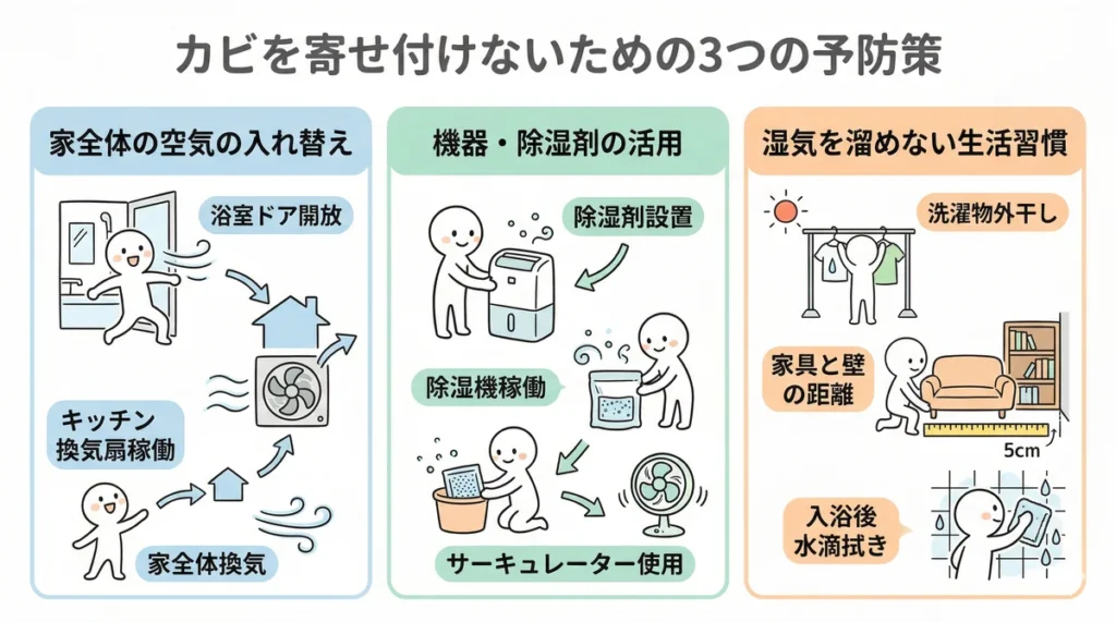 日常でできる3つのカビ予防策。左から「家全体の空気の入れ替え(浴室ドア開放とキッチン換気扇の併用)」「機器・除湿剤の活用(除湿機、サーキュレーター、除湿剤の設置)」「湿気を溜めない生活習慣(洗濯物外干し、家具を壁から5cm離す、入浴後の水滴拭き)」を解説している。