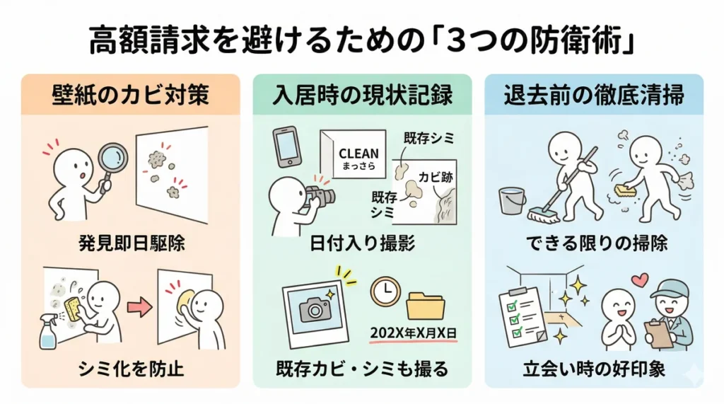 退去時のお金を守る3つの防衛術。1.壁紙のカビ対策(発見即日駆除でシミ化防止)、2.入居時の現状記録(日付入りで既存のカビやシミを撮影保存)、3.退去前の徹底清掃(できる限りの掃除で立会い時の好印象を作る)をイラストで示している。