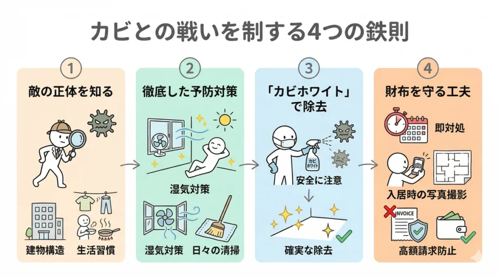 記事全体のまとめとなる4つの鉄則。1.敵の正体を知る(建物構造・習慣)、2.徹底した予防対策(湿気対策・日々清掃)、3.「カビホワイト」で除去(確実な除去)、4.財布を守る工夫(即対処・写真撮影)というステップをフローチャート形式で提示している。