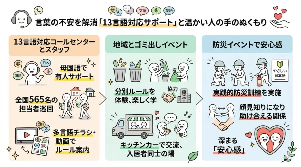 言語サポートと地域交流の取り組み。13言語対応のコールセンター、多言語でのルール案内、ゴミ出し体験や防災訓練などのイベントを通じた入居者同士の交流、全国565名の担当者による巡回など、安心感を深めるサポート体制を描いている。