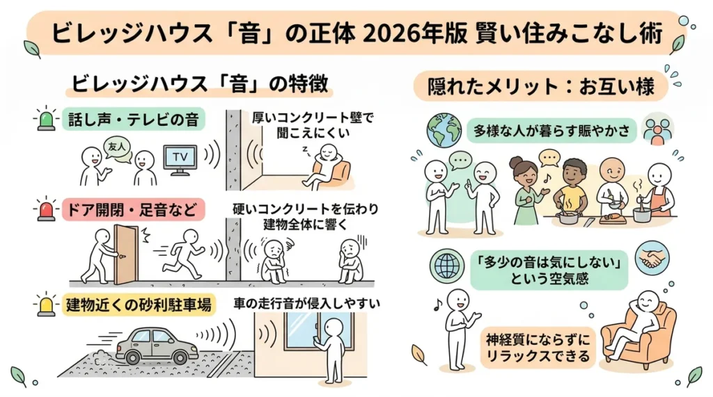 ビレッジハウスの音の特徴をまとめた図。厚いコンクリート壁で話し声は聞こえにくいが、振動は伝わりやすいためドア開閉や足音が建物全体に響くこと、建物近くの砂利駐車場は走行音が侵入しやすいことを示している。右側では「お互い様」の精神により、神経質にならずにリラックスできるメリットを解説している。