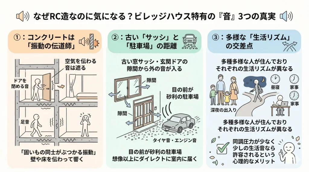RC造で音が響く理由の解説図。1.コンクリートは空気伝播音は遮るが振動を伝える「伝道師」であること、2.古いサッシの隙間や目の前の砂利駐車場から音がダイレクトに届くこと、3.多様な生活リズムの人が住むため深夜の出入り等がある一方で、同調圧力が少ない心理的メリットがあることを図解している。