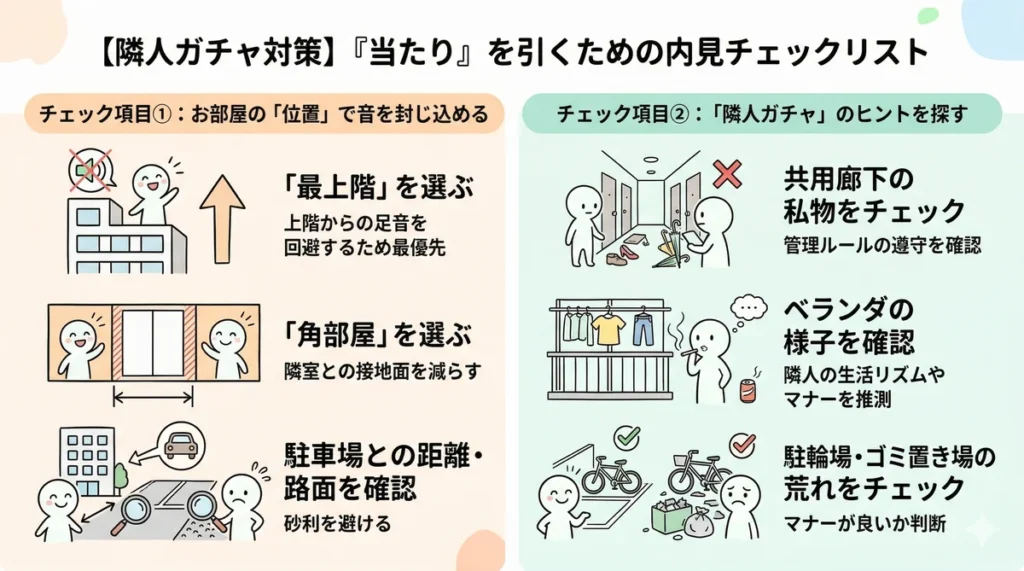 内見時のチェックポイント。チェック項目1として「最上階」「角部屋」の選択や、駐車場との距離・路面確認を提示。チェック項目2として共用廊下の私物、ベランダの様子、駐輪場やゴミ置き場の荒れ具合から、隣人の生活マナーを推測する手順をイラストで示している。