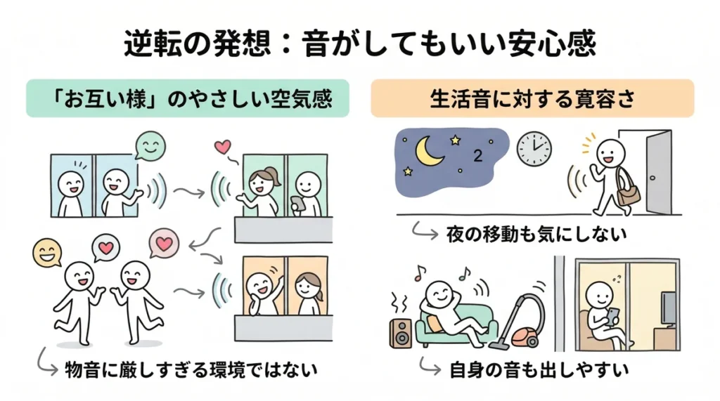 逆転の発想として音に対する安心感を説明する図。「お互い様」のやさしい空気感があるため物音に厳しすぎない環境であること、夜の移動を気にせず自身の音も出しやすいといった、生活音に対する寛容さとリラックスした暮らしを表現している。