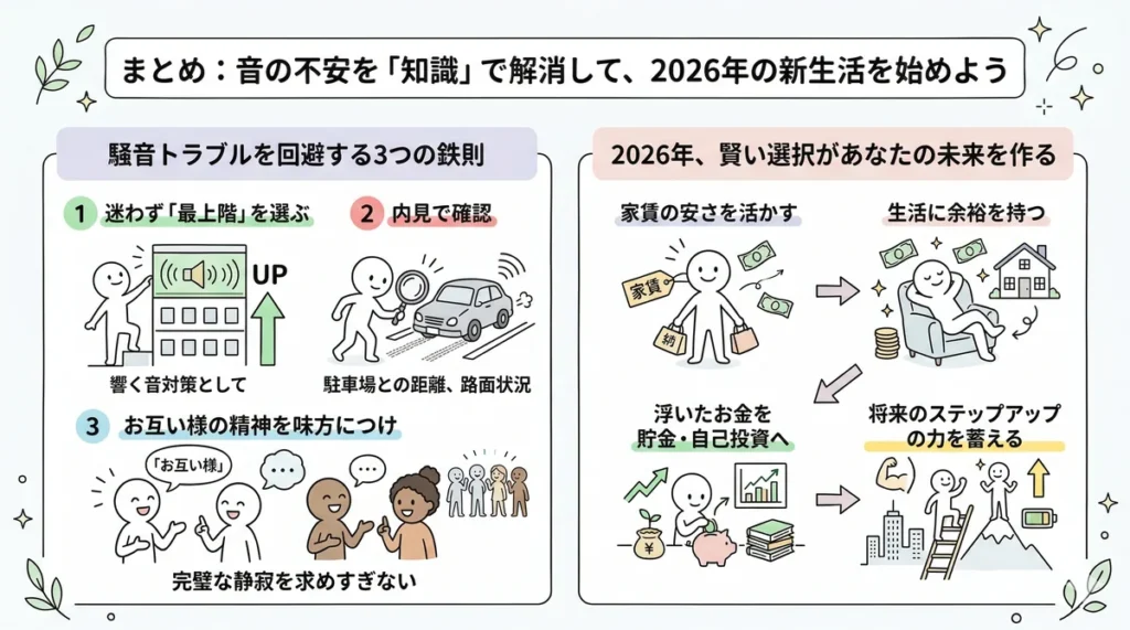 騒音トラブルを回避する3つの鉄則(最上階、内見確認、お互い様の精神)と、その先のライフスタイルをまとめた図。家賃の安さを活かして生活に余裕を持ち、浮いたお金を貯金や自己投資に回すことで、将来のステップアップへ繋げるロードマップを提示している。