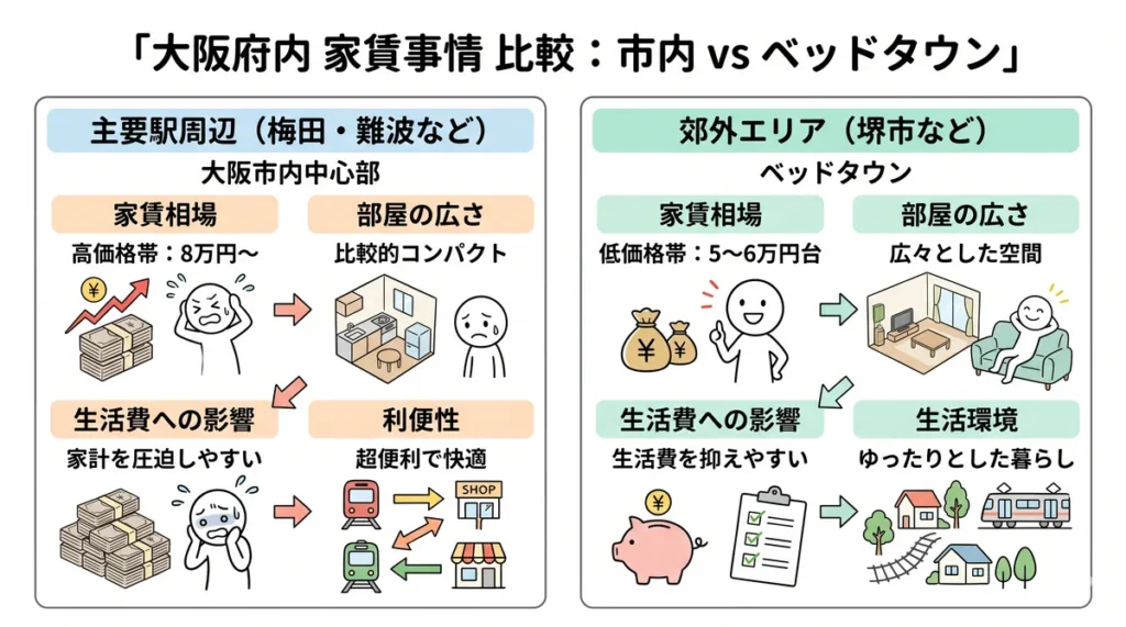 大阪府内の家賃事情を比較した図解。梅田や難波などの市内中心部は利便性が高いが家賃8万円以上で生活費を圧迫しやすい。一方、堺市などの郊外ベッドタウンは5〜6万円台で広くゆったり暮らせる。