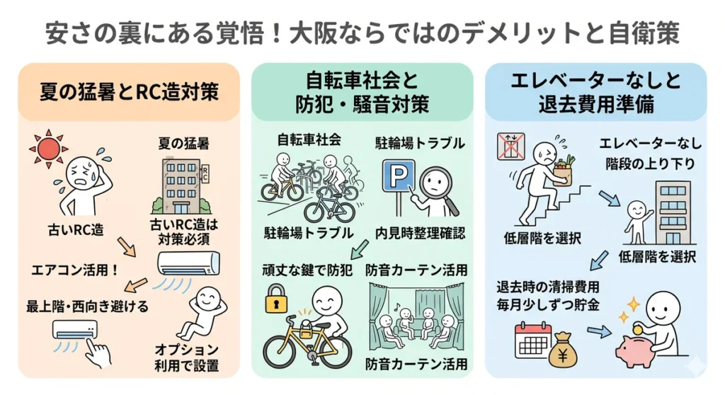 大阪ならではのデメリットと自衛策の図解。夏の猛暑と古いRC造にはエアコンと階数選び、自転車社会の駐輪場トラブルには防犯と防音対策、エレベーターなしと退去費用には低層階の選択と毎月の貯金が有効。