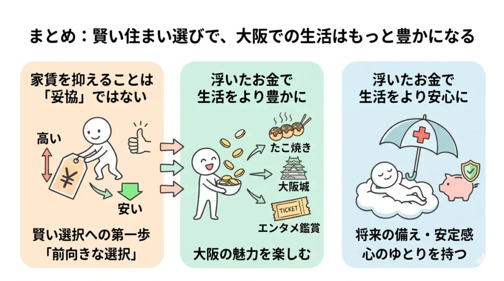 賢い住まい選びで大阪生活を豊かにするまとめの図解。家賃を抑えることは妥協ではなく前向きな選択。浮いたお金でたこ焼きや観光など大阪の魅力を楽しみ、将来の備えや心のゆとりを持つことができる。
