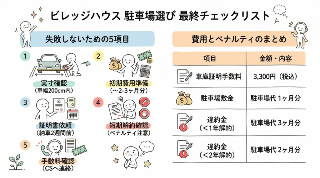 駐車場選びの5つのチェック項目（実寸確認、費用準備など）と、費用・ペナルティのまとめ表。