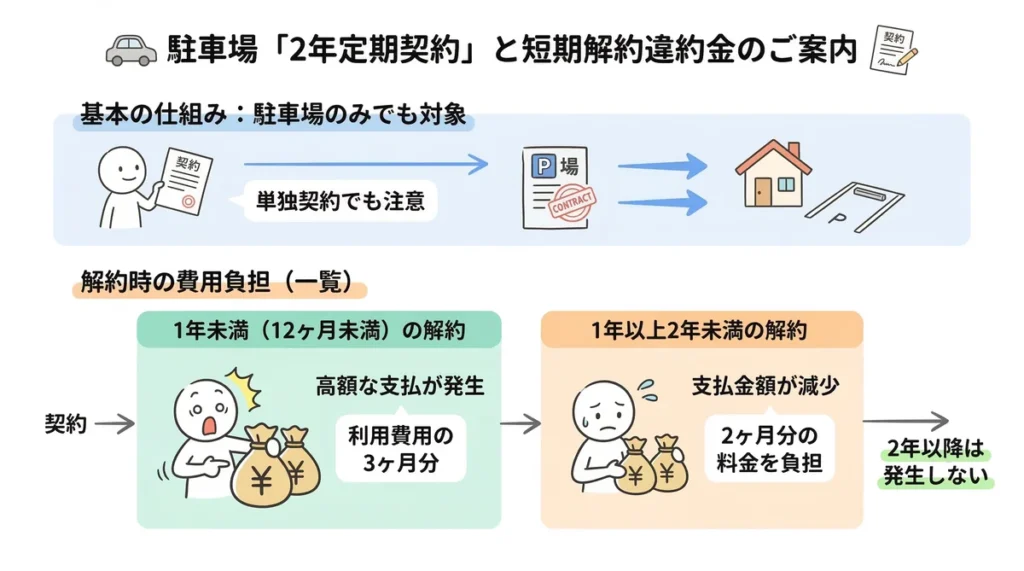 駐車場の「2年定期契約」と短期解約違約金の図解。1年未満は3ヶ月分、2年未満は2ヶ月分の料金が発生することを説明。