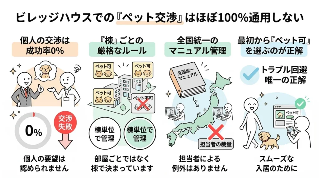 ビレッジハウスでペット交渉が100%通用しない理由を解説する図。棟ごとの厳格なルール、全国統一のマニュアル管理、担当者に裁量がないため個人の要望が認められない現状を説明。