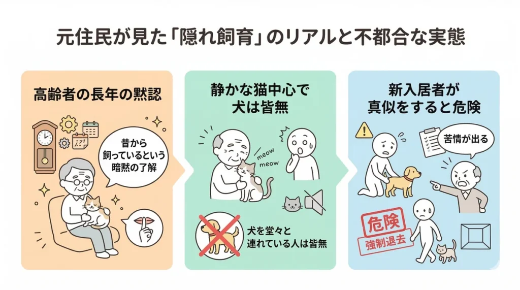 ビレッジハウスの「隠れ飼育」のリアルを解説する図。高齢住人の長年の黙認や、静かな猫中心の実態を示し、新入居者が真似をすると苦情や強制退去の危険があることを警告。