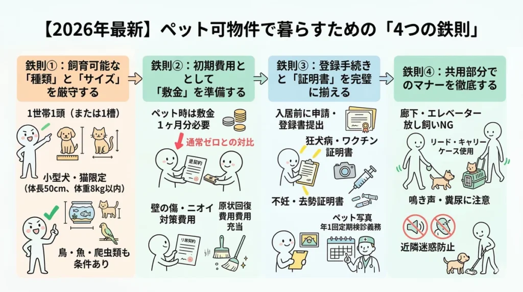 2026年最新のビレッジハウス・ペット可物件の4つの鉄則。飼育可能なサイズ制限、敷金1ヶ月分の必要性、狂犬病・ワクチン・不妊去勢証明書などの提出書類、共用部のマナーを解説。