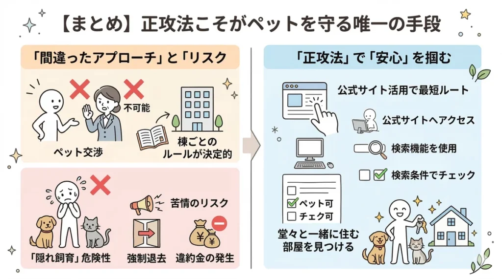 ビレッジハウスのペット飼育における正攻法とリスクのまとめ。交渉失敗や強制退去のリスクがある「間違ったアプローチ」と、公式サイト活用で堂々と住む「正攻法」を比較。