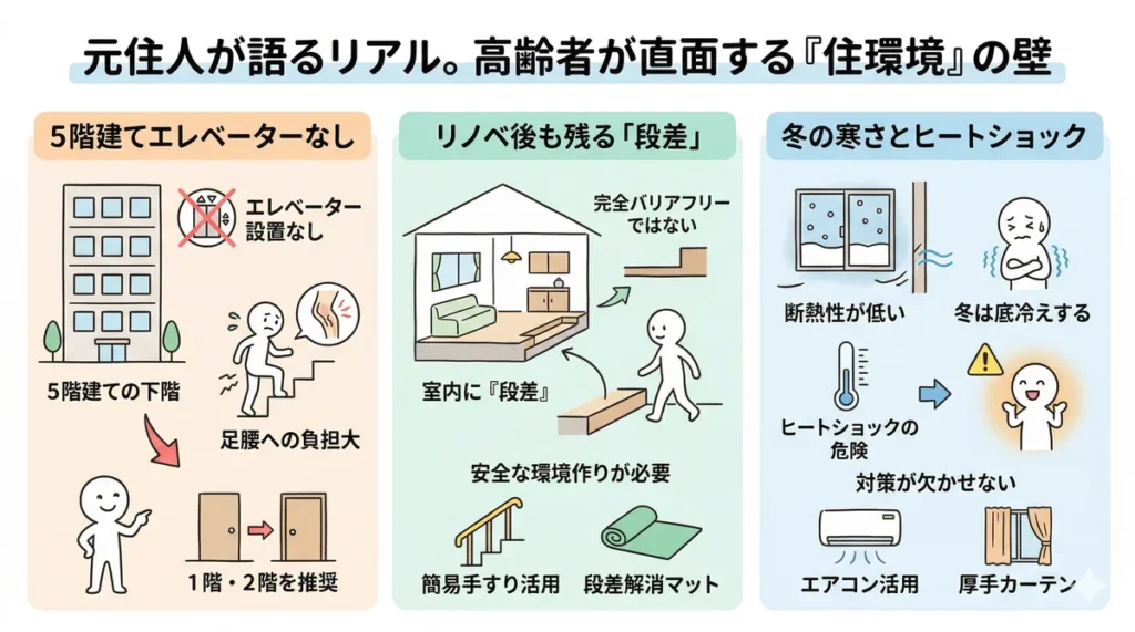 高齢者が直面しやすい住環境の壁とその対策の図。エレベーターがないため1階から2階を推奨、室内の段差への対策、冬のヒートショックを防ぐ防寒対策を解説しています。