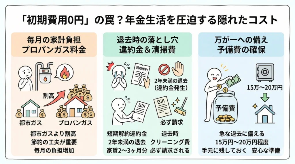 年金生活で気をつけたい隠れたコストの解説図。割高なプロパンガス料金、退去時の短期解約違約金と清掃費、そして万が一に備えた15万円から20万円の予備費確保を促しています。