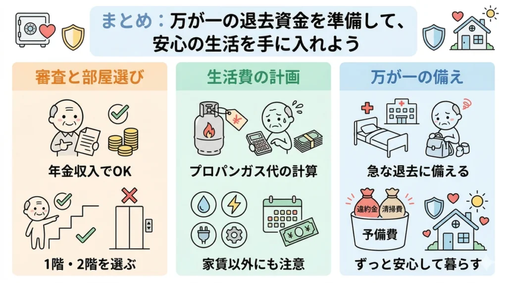 ビレッジハウスで安心して暮らすための3つのポイント。年金での審査と低層階の部屋選び、プロパンガスなど生活費の計画、急な退去に備える予備費の準備をまとめています。