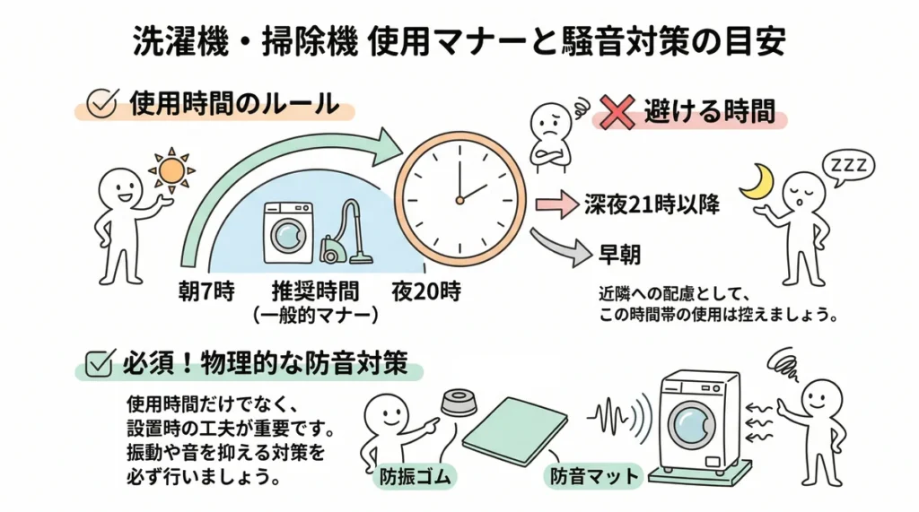 集合住宅での洗濯機や掃除機の使用時間ルール（朝7時から夜20時推奨）と、防振ゴムや防音マットといった物理的な防音対策の全体図。