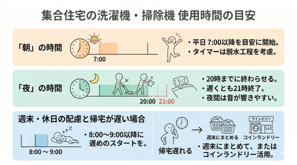 時間帯別の使用目安の図解。朝は7時以降、夜は20時（遅くとも21時）までに終わらせる。週末は8〜9時以降に遅らせるか、コインランドリーを活用する。