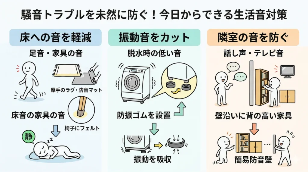 今日からできる生活音対策の図解。床への足音には防音マット、洗濯機の振動には防振ゴム、隣室からの音には壁沿いに背の高い家具を配置する工夫。