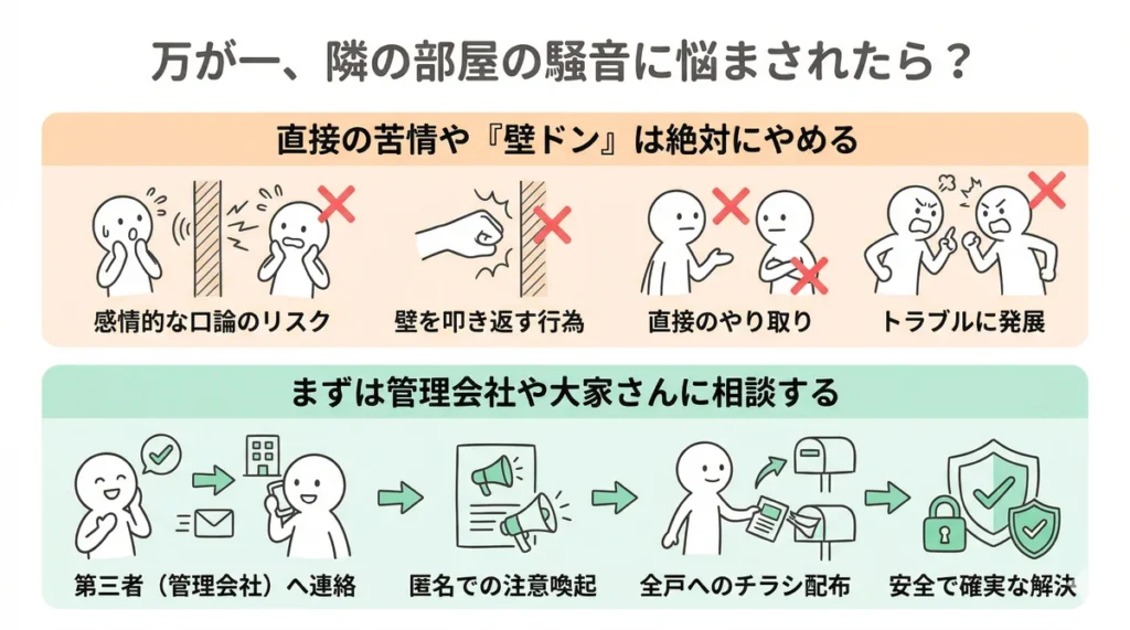 騒音トラブル時の正しい対処法の図解。直接の苦情や壁ドンはトラブルに発展するため避け、必ず管理会社や大家さんという第三者に相談して匿名で注意喚起をしてもらう。