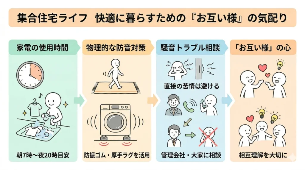 集合住宅を快適に暮らすためのまとめ図解。家電の使用時間、防音対策、トラブル時の相談窓口といったルールを守り、相互理解とお互い様の心を大切にすることが描かれている。