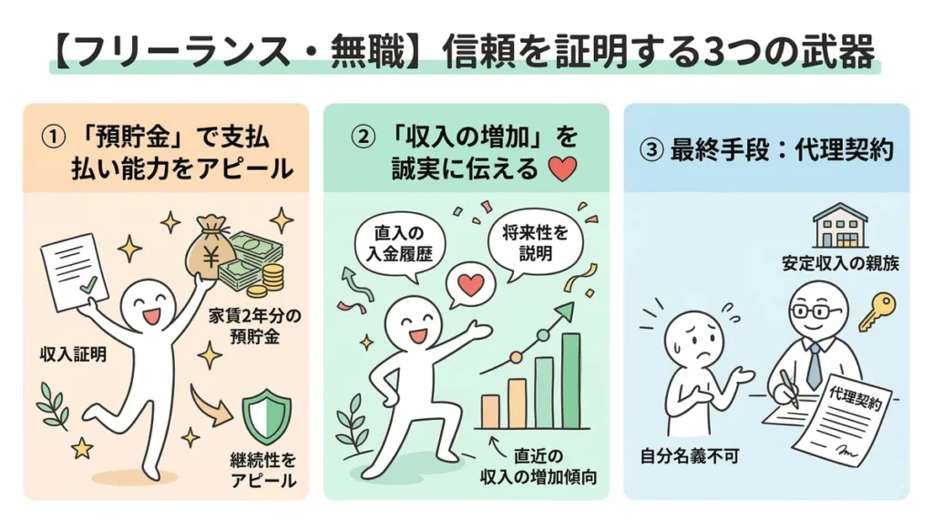 フリーランスや無職でも信頼を証明する3つの方法。家賃2年分の預貯金をアピールする、直近の収入増加を誠実に伝える、最終手段として安定収入のある親族による代理契約を利用する、という3つのアプローチを紹介。