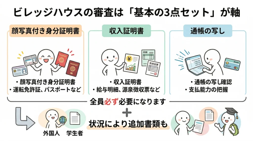 ビレッジハウスの審査で全員が必須となる「顔写真付き身分証明書」「収入証明書」「通帳の写し」の基本3点セットを図解したイラスト。状況により追加書類も必要になることを示している。