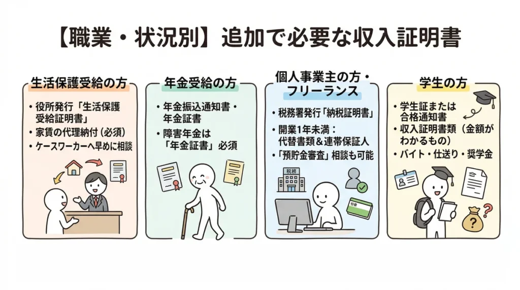 職業・状況別に追加で必要な収入証明書の図解。生活保護受給者、年金受給者、個人事業主・フリーランス、学生の4パターンについて、それぞれ必要な役所の書類や注意点を説明している。
