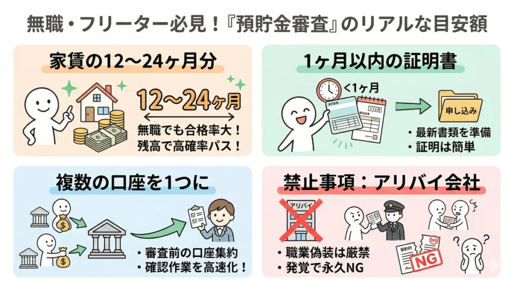 無職やフリーター向けの預貯金審査の目安と注意点の図。家賃の12〜24ヶ月分が目安で、1ヶ月以内の証明書を準備し複数口座は1つにまとめること、そして職業偽装（アリバイ会社）は永久NGであることを伝えている。