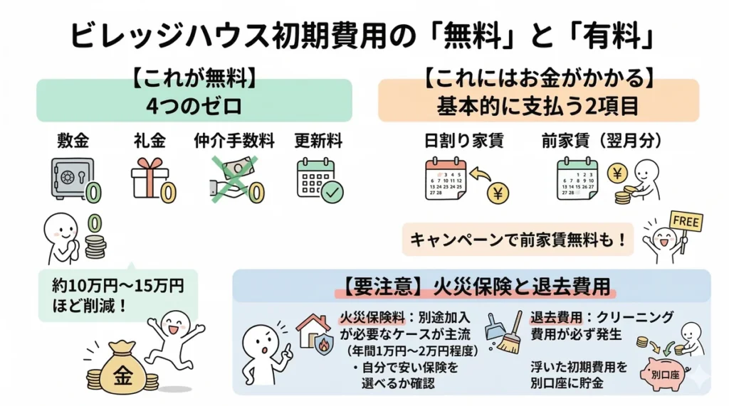 ビレッジハウスの初期費用で無料になる項目(敷金・礼金・仲介手数料・更新料)と、基本的に支払う項目(日割り家賃・前家賃)を比較した図。火災保険料や退去時のクリーニング費用についても補足。