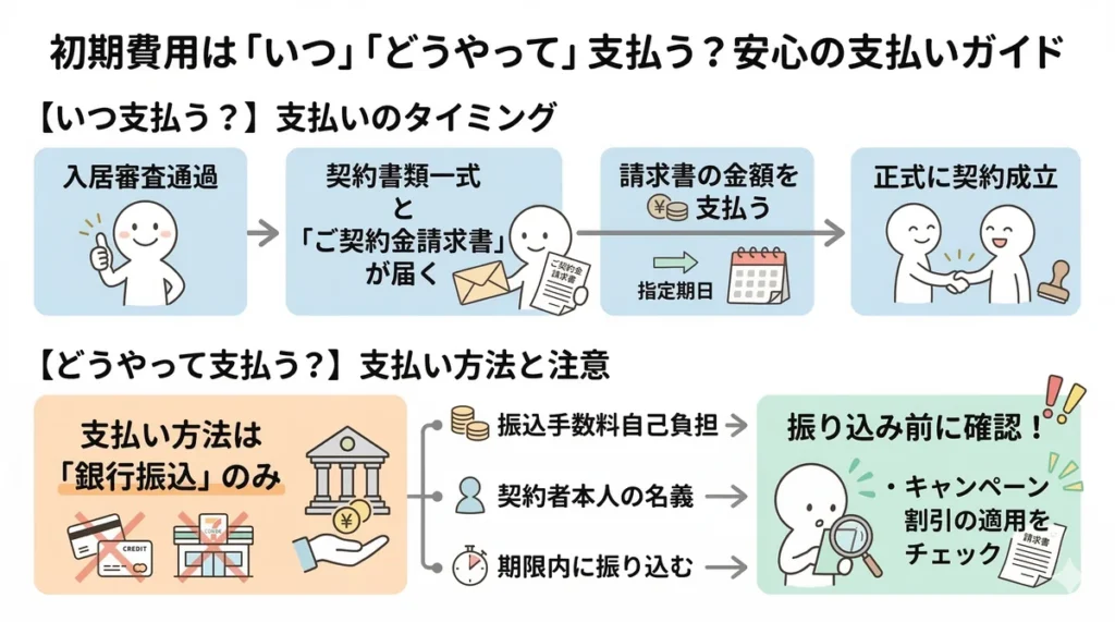 ビレッジハウス初期費用の支払いフロー。審査通過から請求書の受け取り、銀行振込、契約成立までのステップと、支払い方法が「銀行振込のみ」である注意点、振込前のキャンペーン割引適用チェックの重要性を解説。