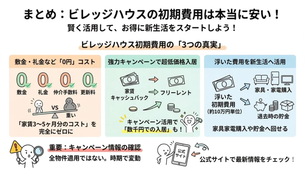 ビレッジハウスの初期費用に関する3つのポイントをまとめた図。4つのゼロによる大幅なコスト削減、キャンペーンによる低価格入居、浮いた費用を家具家電や貯金へ回すメリット、公式サイトでの最新情報確認を推奨する内容。