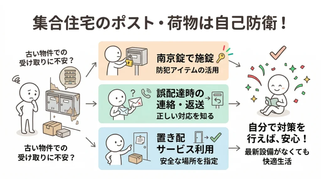 集合住宅での受け取り不安に対する自己防衛の全体図。南京錠の活用、誤配達時の連絡、置き配サービスの安全な利用により、最新設備がなくても快適に暮らせる。