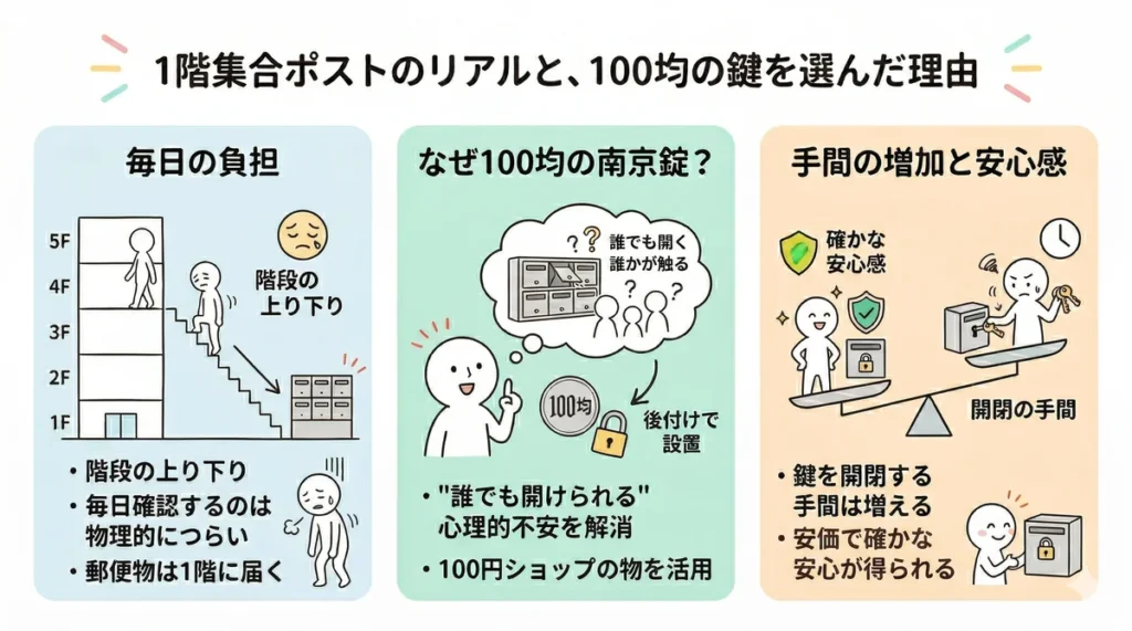 1階ポストの実態と100均南京錠のメリット・デメリット。毎日の階段の上り下りや鍵の開閉の手間はあるが、誰でも開けられる心理的不安を安価に解消できる。